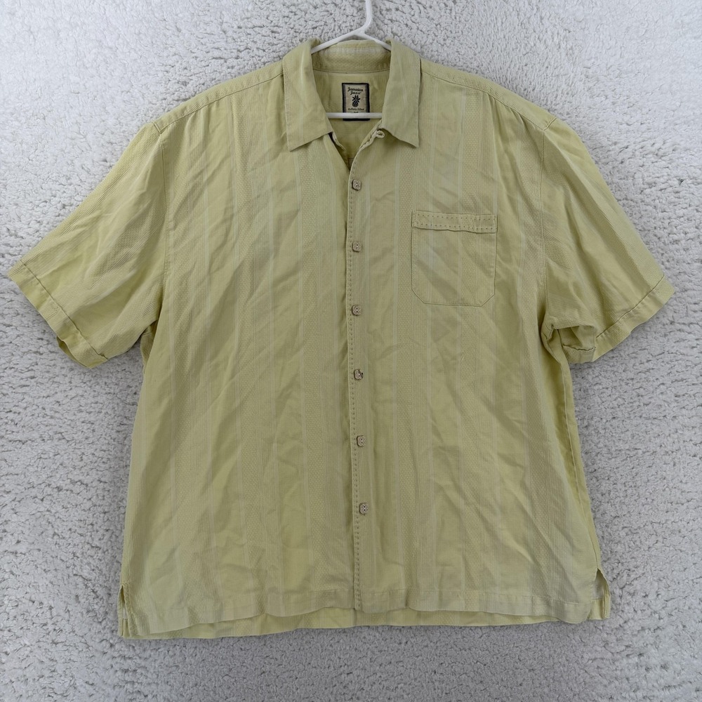 Jamaica Jaxx Shirt Mens 2XL Yellow Striped Silk Short Sleeve Button Up Casual